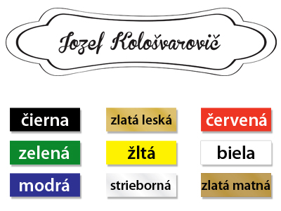 Plastová menovka použiteľná na dvere, prípadne schránku.
Farebný plast, hrúbka 1,2 mm.Ponúkame vám plastovú menovku na dvere, či schránku rôznych tvarov. Je vyrobená z gravírovacieho plastu, vhodného do interiéru, či exteriéru, vo variantoch lesklý alebo matný povrch.  Farebné variácie: čierna, biela, žltá, modrá, zlatá, strieborná, zelená. Pripevní sa obojstrannou lepiacou páskou, upevnenou na jej zadnej strane. Ideálna a rýchla montáž pre každého, vhodná na stránku či dvere. Na požiadanie je možné ju vyrobiť s otvormi na priskrutkovanie. Možný akýkoľvek tvar a druh písma. Pri požiadavke výroby na mieru nás prosím kontaktujte mailom, alebo telefonicky.
