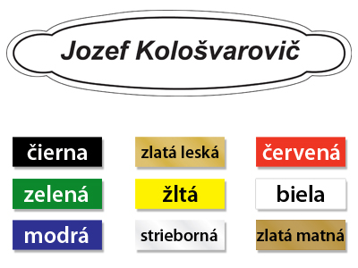 Plastová menovka použiteľná na dvere, prípadne schránku.
Farebný plast, hrúbka 1,2 mm.Praktické a estetické menovky na schránku či dvere na predaj. Materiál použitý na výrobu je gravírovací plast, z tohto dôvodu sú vhodné nielen do interiéru ale aj exteriéru. Ponúkané farebné variácie sú nasledovné: biela, čierna, zlatá, strieborná , žltá, modrá, zelená, možné dodať lesklé či matné. Veľkosť či tvar  ako aj typ písma je po konzultácií telefonicky či emailom možné zmeniť. Na upevnenie je možné použiť lepiacu pásku umiestnenú na zadnej strane výrobku. V prípade potreby je možné dodať výrobok s otvormi na skrutky.
