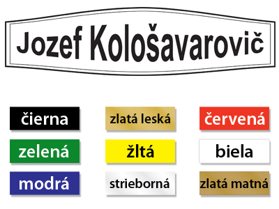 Menovka z plastu rôznych farieb s hrúbkou 1.2 mm je vhodná na dvere, ale aj schránku.
Praktické, estetické  a rýchlo dostupné menovky z gravírovaného plastu iba u nás. Vhodné na dvere kancelárie či schránku. Ponúkame výrobky s lesklým a matným povrchom v týchto farbách: biela, čierna, zlatá, strieborná , žltá, modrá a zelená. Tvarom či typom použitého písma sa vieme zákazníkovi prispôsobiť. V takomto prípade je potrebné kontaktovať nás telefonicky alebo prostredníctvom emailu. Menovky bežne dodávame  s obojstrannou lepiacou páskou umiestnenou na zadnej strane alebo na požiadanie aj s otvormi na skrutky.