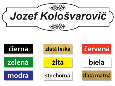 Plastová menovka s hrúbkou 1,2 mm použiteľná na dvere aj schránku je vyrobená z farebného plastu.Máte starú a odpudivo vyzerajúcu menovku na dverách vašej kancelárie? Vymeňte ju skôr, ako si to váš klient všimne. Je to totiž to prvé, čo zákazník vníma pri vstupe do vašej kancelárie. My vám ponúkame širokú škálu farieb (čierna, biela, žltá, modrá, zlatá, strieborná, zelená), typov povrchu (lesklý a matný), tvarov a typov písma, stačí si len vybrať. V prípade záujmu o individuálne riešenie sa vašim požiadavkám vieme prispôsobiť, stačí nás len  kontaktovať emailom alebo telefonicky. Menovky namontujete rýchlo a jednoducho, vďaka samolepiacej páske na zadnej strane, ktorá spoľahlivo priľne na akýkoľvek typ povrchu.  V prípade záujmu dodávame aj s otvormi na priskrutkovanie.