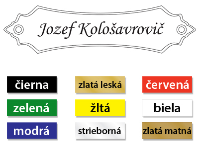 Z plastovu použiteľná na dvere, prípadne schránku.
Farebný plast, hrúbka 1,2 mm.Ponúkame vám menovky, ktoré sú vyrobené z kvalitného gravírovacieho plastu. Sú odolné voči poveternostným podmienkam, vhodné preto rovnako do interiéru, ako aj exteriéru. Mmôžete si ju objednať v nasledovných farbách: čierna, biela, žltá, modrá, zlatá, strieborná a zelená s matným či lesklým povrchom. Zabezpečí vám prvotnú prezentáciu vašej spoločnosti alebo firmy a preto je dôležité jej venovať dostatočnú pozornosť. Na požiadanie (prostredníctvom e-mailu, alebo telefonicky) vieme vyrobiť produkt na mieru, so špecifickým tvarom, či typom písma. Pripevnenie zvládne naozaj každý. Vďaka pevnej a zároveň pružnej samolepiacej páske umiestnenej na jej zadnej strane, bude držať na akomkoľvek povrchu. V prípade potreby nie je problémov vyrobiť aj menovku s otvormi na priskrutkovanie.