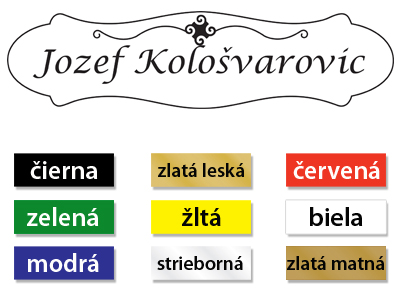 Menovka z farebného plastu hrúbky 1,2 mm použiteľná na dvere, prípadne schránku.Chcete mať stopercentnú istotu, že vás pošta, známi či klient vždy spoľahlivo nájdu? Potom čítate ponuku určenú práve vám. Ponúkame vám široký sortiment jednoducho montovateľných menoviek na dvere či schránku. Naše výrobky je možné namontovať pomocou obojstrannej lepiacej pásky umiestnenej na zadnej strane, alebo je možné pripevniť ju skrutkami. Všetky naše produkty sú vyrobené z gravírovaného plastu a teda sú vhodné nielen do interiéru ale aj exteriéru. Výrobky sú zakúpiteľné v matnom či lesklom prevedení a to v nasledujúcich farbách: čierna, biela, žltá, modrá, zlatá, strieborná, zelená. V prípade potreby je tu možnosť vyrobiť menovku na mieru, t.j. prispôsobiť jej tvar a veľkosť rovnako ako aj typ písma vašim potrebám (odlišným od zverejnenej ponuky). V takomto prípade nás prosím dopredu kontaktujte emailom alebo telefonicky.