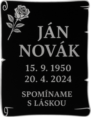 Tabuľka na hrob – trvácne a reprezentatívne riešenie

  Elegantná náhrobná tabuľka z hliníkového kompozitu s vysokým leskom. Nie je to plast, ale pevný, poveternostne odolný materiál, ktorý si dlhé roky zachová tvar, farbu aj lesk. Ideálna voľba, ak hľadáš bezúdržbové a zároveň luxusné riešenie za rozumnú cenu.

  Prečo si ju obľúbiš
  
    Trvácny materiál (Alu kompozit) – nedeformuje sa, nepraská, odoláva dažďu, UV žiareniu aj mrazu.
    Vysoký lesk a reprezentatívny vzhľad – pôsobí moderne a dôstojne.
    Bezúdržbová – stačí občasné pretrenie vlhkou handričkou.
    Presné gravírovanie – texty, ornamenty aj fotografia v špičkovej kvalite.
    Výborný pomer cena/výkon – luxusný výsledok bez zbytočných nákladov.
  

  Personalizácia na mieru
  
    Gravírujeme meno, dátumy, venovanie, citáty aj dekoratívne prvky.
    Na želanie spracujeme a vygravírujeme aj fotografiu (retuš a úpravy v cene návrhu).
    Na výber farebné kombinácie: napr. čierny podklad so strieborným textom alebo strieborný podklad s čiernym textom.
    Rozmer na mieru – od kompaktných tabuliek až po väčšie formáty.
  

  Technické detaily
  
    Materiál: hliníkový kompozit (Dibond/ACP), viacvrstvová konštrukcia pre pevnosť.
    Povrch: vysokolesklý, odolný voči poveternostným vplyvom a UV.
    Vyhotovenie: hrany čisté a bezpečné, gravír presný a kontrastný.
  

  Jednoduchá montáž
  
    Možnosť dodania s lepiacimi podložkami alebo predvŕtanými otvormi.
    Radi poradíme s upevnením podľa typu podkladu.
  