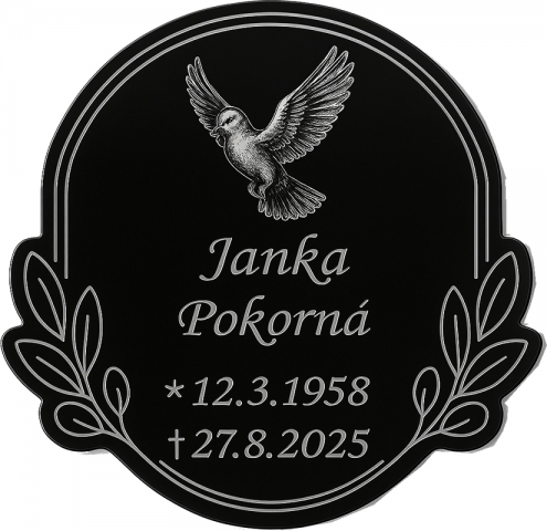 Dôstojná tabuľka na hrob – pevná a estetická Tabuľka z hliníkového kompozitu s vysokým leskom zaručuje dlhú životnosť a stabilitu. Nie je vyrobená z plastu; ide o odolné riešenie, ktoré si roky udrží vzhľad. Výborná voľba bez náročnej údržby. Prečo ju zvoliť  Alu kompozit – odolný voči deformáciám, praskaniu, poveternosti a UV. Luxusný lesk – moderný, čistý a dôstojný efekt. Jednoduchá starostlivosť – stačí vlhká handrička. Špičkové gravírovanie – texty, ornamenty aj fotky ostro a čitateľne. Rozumná investícia – vysoká hodnota za danú cenu.  Prispôsobenie  Gravírovanie osobných údajov, venovaní, citátov a grafických prvkov. Možnosť gravírovania fotografie (retuš v cene návrhu). Kombinácie farieb: čierny/strieborný kontrast. Rozmery na mieru podľa požiadaviek.  Technické špecifikácie  Materiál: Dibond/ACP, viacvrstvová stabilná doska. Povrch: lesklý, odolný voči UV a počasiu. Vyhotovenie: hladké hrany, kontrastný gravír.  Spôsoby montáže  Dostupné lepiace podložky aj predvŕtané otvory. Radi odporučíme vhodné uchytenie. 