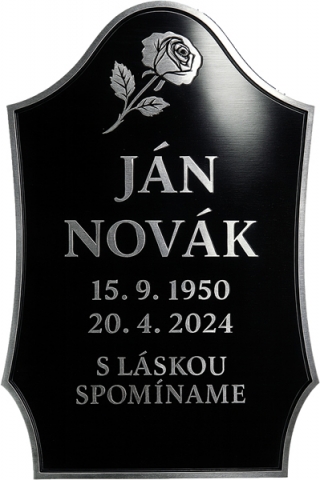 Elegantná a odolná náhrobná tabuľka
  Vyrobená z kvalitného Alu kompozitu s lesklým finišom. Materiál je určený do exteriéru, nevybledne a nepoškodí sa mrazom. Riešenie pre tých, ktorí chcú trvácnosť a estetiku v jednom.

  Benefity
  
    Odolný materiál - stálosť voči UV a počasiu.
    Luxusný vzhľad - vysoký lesk, dôstojné pôsobenie.
    Nenáročná údržba - jednoduché čistenie.
    Precízny gravír - nápisy, motívy, fotografie.
    Výhodná cena - kvalita bez preplácania.
  

  Možnosti
  
    Mená, dátumy, venovanie, citáty.
    Fotografia so zahrnutými úpravami.
    Kontrasty čierna/strieborná alebo strieborná/čierna.
    Rozmer podľa zadania.
  

  Parametre výrobku
  
    Materiál: hliníkový kompozit (ACP).
    Povrch: lesklý, odolný, UV stabilný.
    Spracovanie: hladké hrany, ostrý gravír.
  

  Upevnenie
  
    Lepiace podložky alebo otvory.
    Odborné odporúčania k montáži.
  